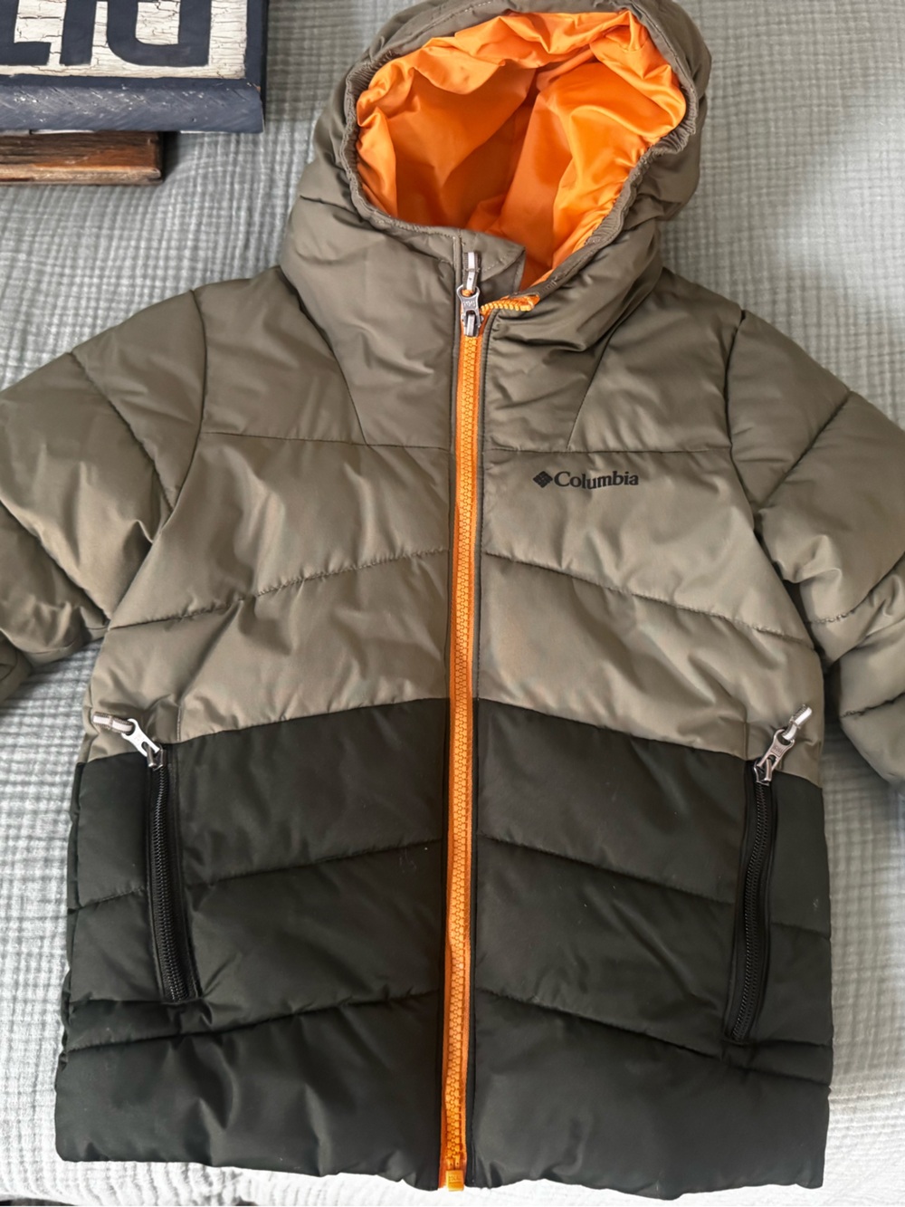 Columbia Olive and Dark Green Puffer Jacket with Orange Lining - Kids